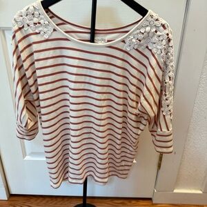 Maison‎ Jules Cream and Red Striped Blouse with Floral Accents large